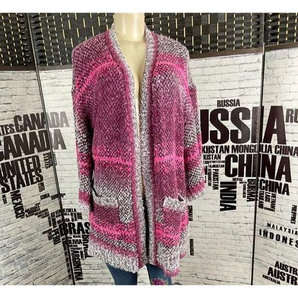 Torrid M/L Maroon-Pink Open Front Chain-Link Knit Pockets 3/4 Sleeve Cardigan - Picture 2 of 6